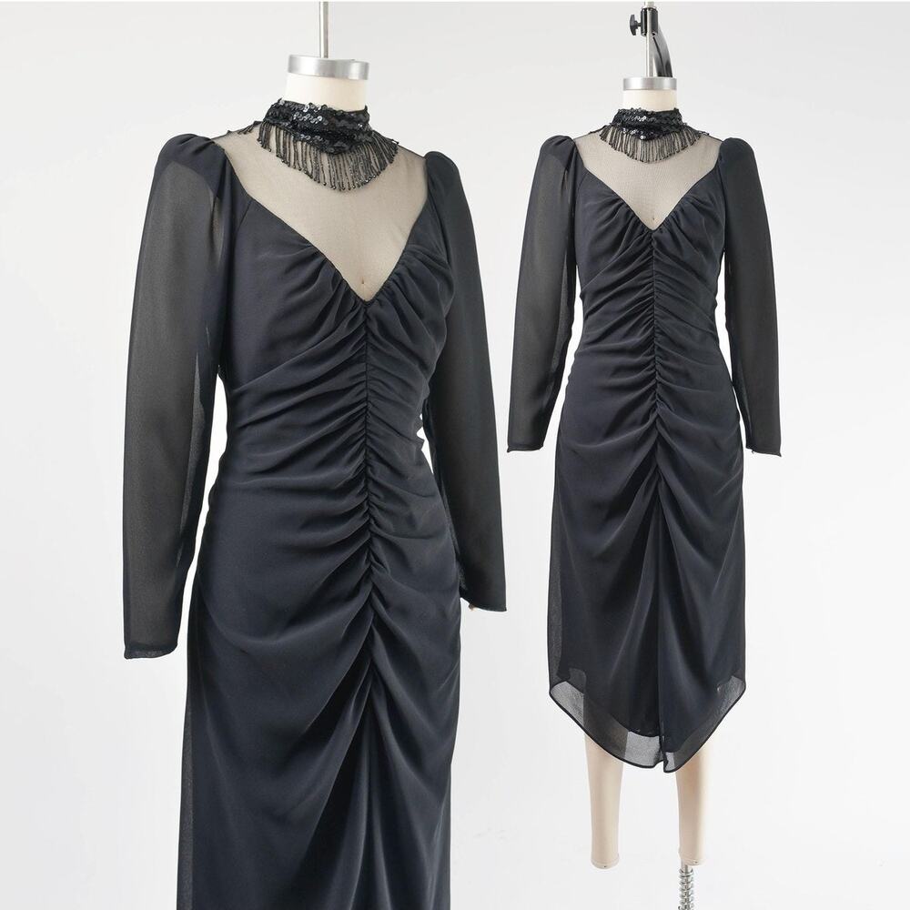 Vintage 80s Black Sheer Mesh Neckline Beaded Fringe Choker Party Dress S